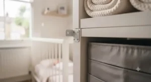 Close-up of a wall anchor bracket attached securely to the back of a nursery cube storage unit for child safety.