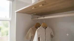 Neutral Scandi-style baby wardrobe with wooden accents, hanging rail, and open shelving.