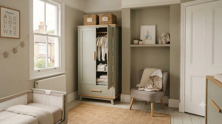 A stylish small nursery wardrobe for compact rooms styled neatly inside a modern British baby room. small nursery wardrobe for compact rooms