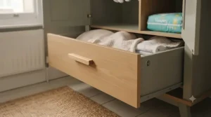 Close-up of the bottom storage drawer on a small nursery wardrobe for compact rooms organisation.