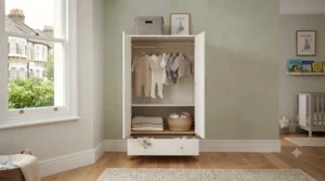 A compact single-door white baby wardrobe maximising space in a small UK nursery.