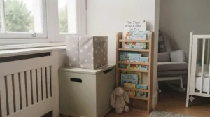 Compact toy storage box for nursery fitted neatly into a small bedroom corner