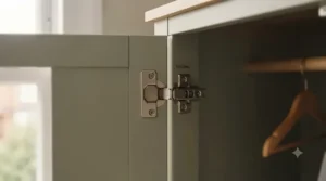 Soft-close hinge mechanism on the door of a compact baby wardrobe in a neutral nursery setting.