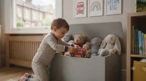 Close-up of a traditional wooden toy chest featuring a safe, soft-close hydraulic lid to protect little fingers in a child's bedroom.