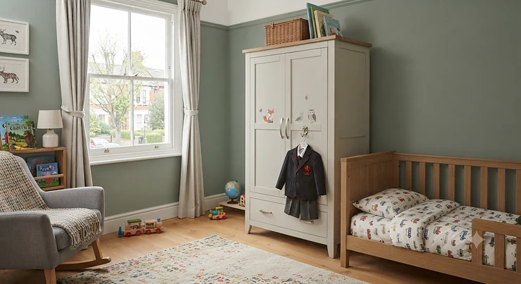 The sturdiest baby wardrobe in a modern neutral nursery, featuring durable solid wood construction and ample storage for baby clothes[cite: 1] sturdiest baby wardrobe