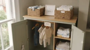 Baby clothing and storage baskets neatly arranged inside and atop a small nursery wardrobe for compact rooms.
