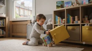 A young toddler easily selecting a colourful picture book from low, accessible open nursery shelving, encouraging independent play and Montessori principles.