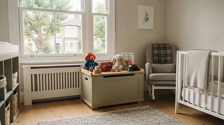 Stylish wooden toy storage box for a modern British baby nursery, keeping the room tidy toy storage box for nursery