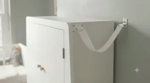 Close-up of a white nursery wardrobe securely wall-mounted with anti-tip safety brackets for child safety compliance.