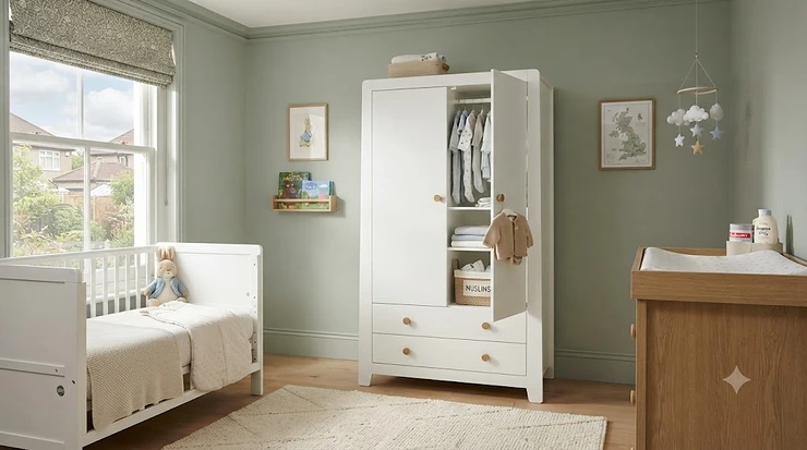 A modern white nursery wardrobe with soft-close doors and integrated drawers, styled in a bright British home interior. white nursery wardrobe