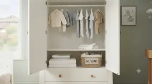 Open interior view of a white baby wardrobe showing adjustable shelving and hanging rails for children's clothes.