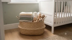 Natural seagrass basket used for nursery storage under £30 to neatly hold baby blankets and soft toys