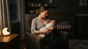 Demonstrating the smooth 360 degree rotation of a swivel nursing chair during a midnight feed.