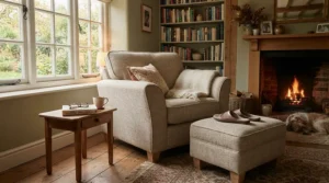 A cosy boucle swivel nursing chair paired with a matching footstool in a calming baby room.