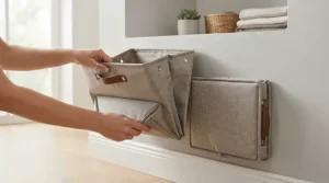 Collapsible fabric cube storage bins for nursery shown folding flat to demonstrate space-saving benefits