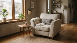 A space-saving compact nursing chair for small nursery styled in a modern London flat.