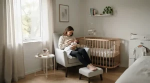 A compact nursing chair for small nursery tucked neatly into a cosy bedroom corner with soft lighting.