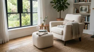 A textured boucle compact nursing chair for small nursery with a matching footstool.