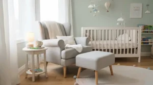 A Scandinavian-inspired compact nursing chair for small nursery featuring wooden legs.