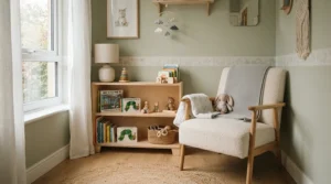 A slim compact nursing chair for small nursery demonstrating space-saving dimensions next to a bookshelf.