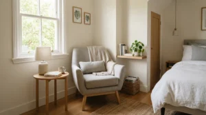 A compact recliner nursing chair neatly fitted into the corner of a cosy British apartment bedroom.