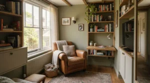 A compact swivel nursing chair integrated into a smart nursery furniture layout for smaller spaces.