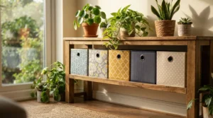 Decorative fabric cube storage bins for nursery enhancing the room aesthetic with charming star patterns