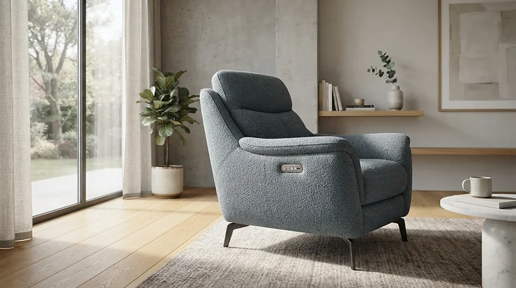 A modern electric recliner nursing chair with side button controls for effortless position changes.