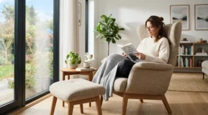 An ergonomic recliner nursing chair designed to provide ultimate postpartum recovery comfort.