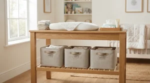 Fabric cube storage bins for nursery positioned near a changing table for convenient nappy and wipe access
