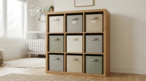 Neutral fabric cube storage bins for nursery neatly organised on a white shelving unit in a baby room
