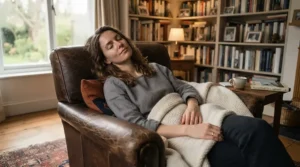 A tired parent resting while evaluating a glider chair vs rocking chair for nursing
