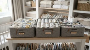 Grey fabric cube storage bins for nursery used inside a fitted wardrobe to organise baby clothes