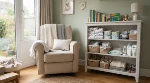A grey upholstered swivel nursing chair in a practical multitasking parenting setup with nearby storage.