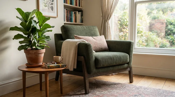 A plush emerald velvet nursing glider chair adding a touch of elegance to a contemporary family home.