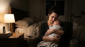 A mother resting comfortably in her nursing glider chair during a quiet night feed with dim ambient lighting.