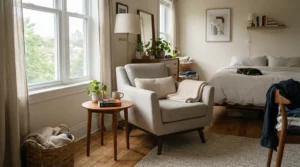 A space-saving nursing chair under £150 styled in a small apartment bedroom.