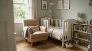 A compact nursing chair under £150 positioned neatly inside a small modern nursery.