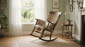 A gentle rocking nursing chair under £150 shown in a peaceful pastel-coloured room.