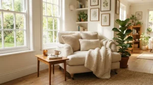 A comfortable nursing chair under £150 set up in a cosy living room corner with soft cushions.