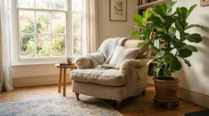 A soft velvet nursing chair under £150 adding texture to a warm family room.