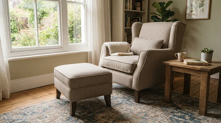 A padded nursing chair under £150 paired with a matching footstool for extra comfort.
