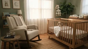 An inviting nursing glider chair placed right next to a wooden crib in a fully prepared nursery.