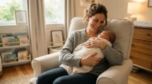 A father gently rocking his newborn to sleep using a smooth-motion nursing glider chair.