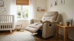 A stylish recliner nursing chair positioned beside a white cot in a modern neutral nursery.