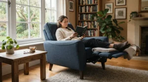A plush recliner nursing chair featuring an elevated footrest for relaxed parent seating.