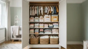 Organised wardrobe featuring stackable nursery storage boxes holding baby clothes