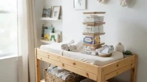 Changing station equipped with stackable nursery storage boxes for nappies and wipes