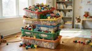 Expandable setup of stackable nursery storage boxes for growing family toy collection