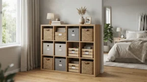 Modular shelving unit fitted with stackable nursery storage boxes in a modern nursery